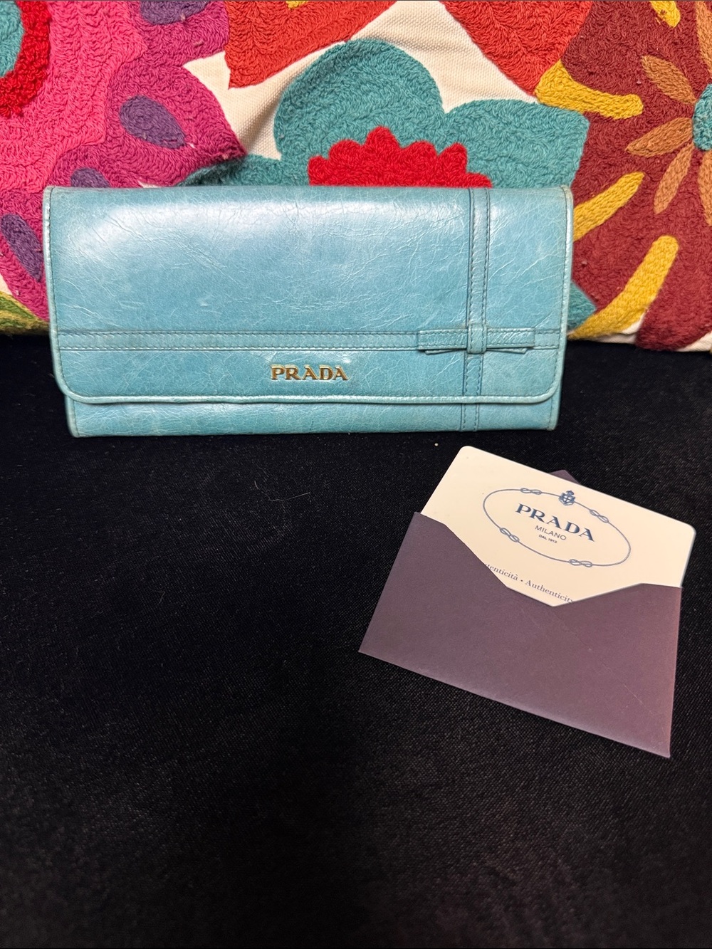 PRADA Turquoise Blue Leather Flap Wallet with Gold Logo Authentic Vintage